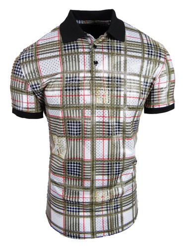 Designer Italian Mens Polo Shirt Plaid Shiny Foil Highlights Slim Fit Stretch 2 - Picture 7 of 12