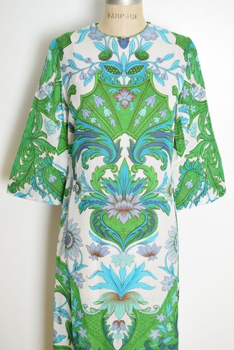 vintage 60s dress white green print caftan maxi hippie boho gauze bell sleeve M - Picture 3 of 10
