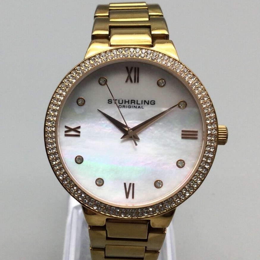 Stuhrling Watch Women 38mm Pave Gold Tone Mother of Pearl New