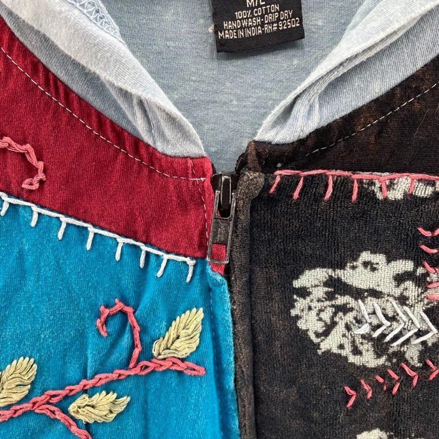 Chaqueta Sacred Threads Mujer M/L Bebé Azul Retazos Bordada Cremallera Completa Capucha Foto 3 de 4