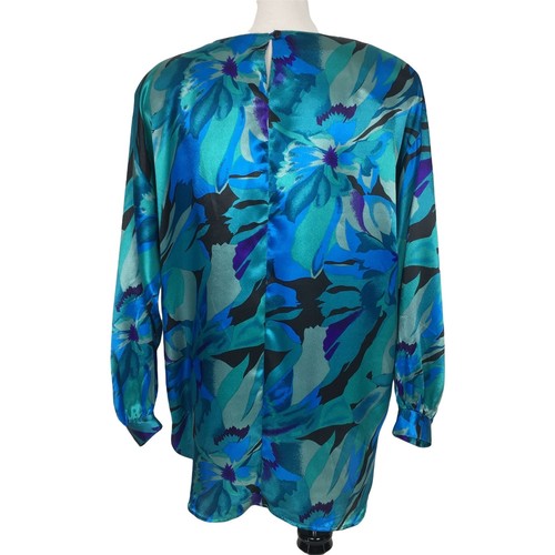 Camicetta tunica vintage Gianna colorata top donna verde medio blu raso foral - Foto 5 di 7