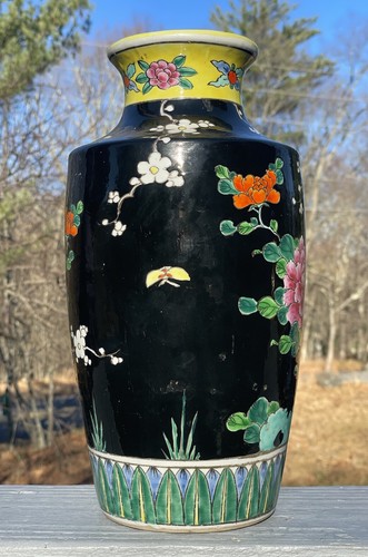 12" Antique Vintage 1930s 1960s Famille Noire Japanese Porcelain Vase Black Bird - Picture 8 of 12