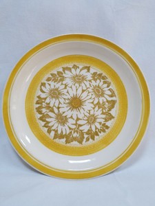 James-Town-China-Dinner-Plate-Yellow-Bands-Brown-White-Flower-Pattern-10-3-8-In