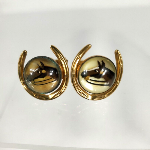 Anson Reverse Carved Painted Cuff Links Horse Head In Shoe Glass; Rock Crystal