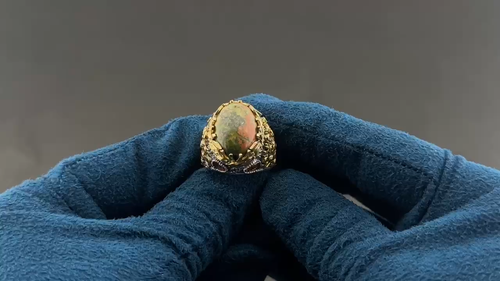 Solid 925 Sterling Silver Unachite Stone Men's Ring Tree of Life Motif Ring - Video 1 of 1
