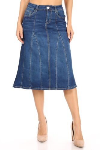 Women's Juniors/Plus Size Calf - Length A-Line Stretch Denim Skirt - Picture 7 of 21