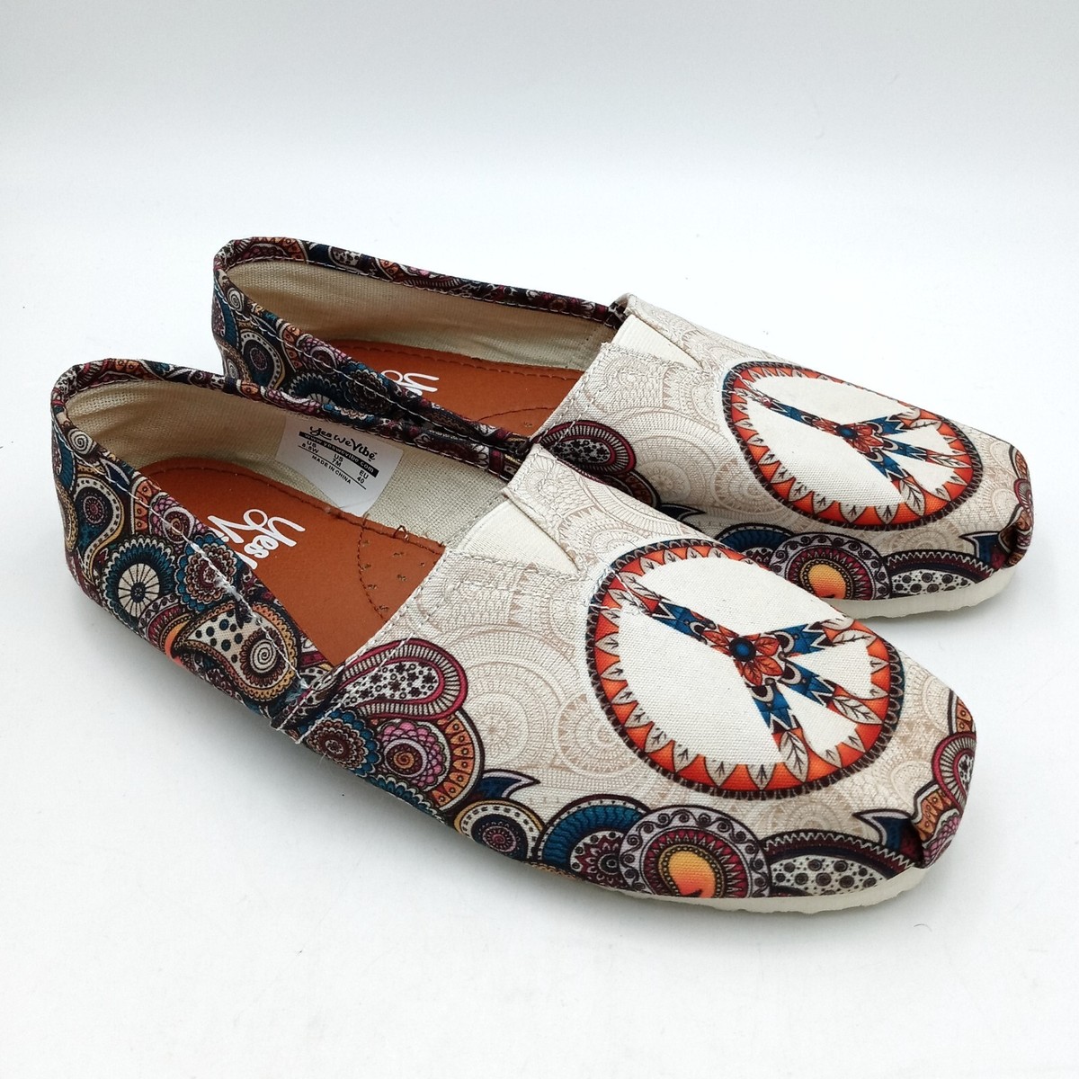 Yes We Vibe Peace Sign Boho Hippie Canvas Flats Slip On Shoes 8.5