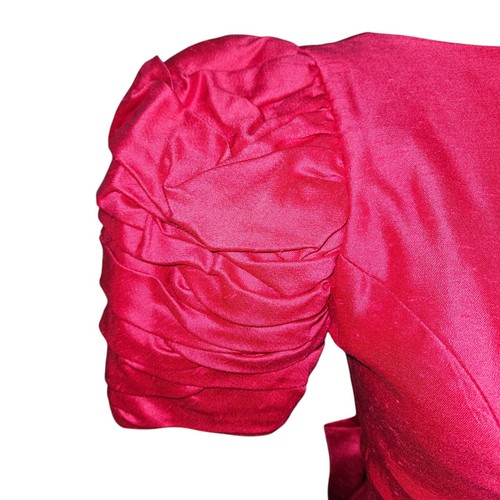 Vintage 80s Dessy Creations Hot Pink Peplum Midi Dress Size 6 Puff Sleeve Party - Picture 3 of 19