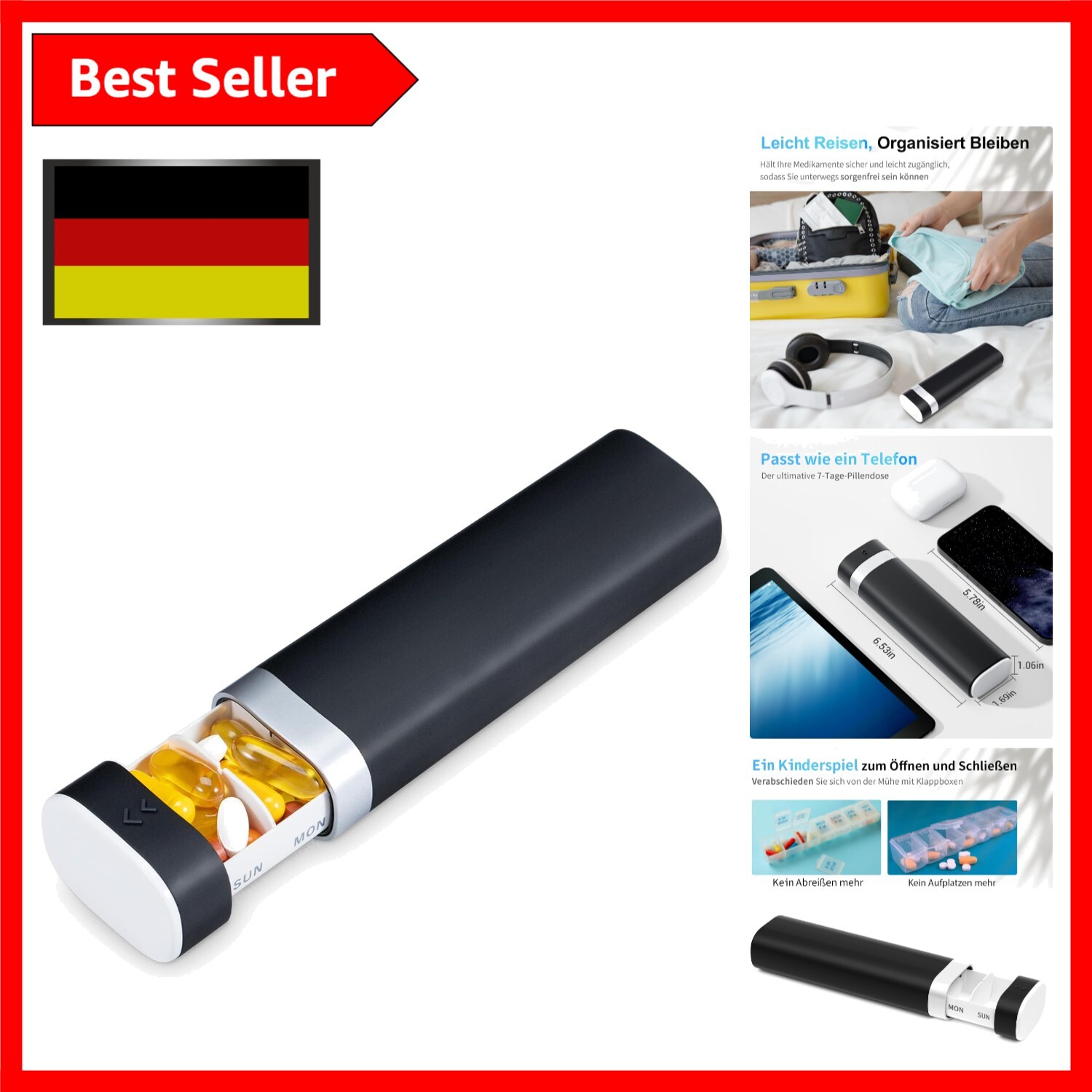 Ergonomische 7-Tage Pillenbox in Schwarz – ideal für Senioren und Reisende