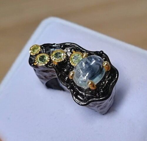 Natural Aquamarine gemstone Ring, rhodium plated, sterling silver 925, Size 7,25 - 第 1/5 張圖片