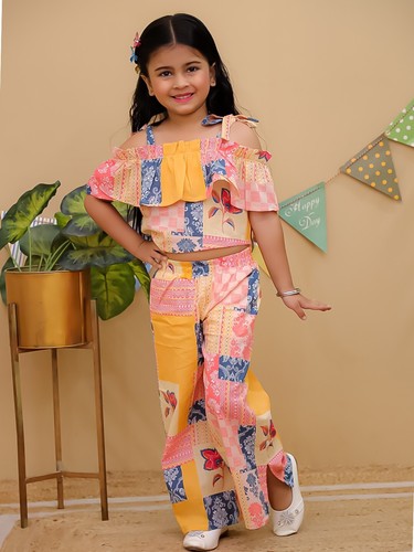 Kids Cotton Casual Wear off shoulder Top Pant Set/Half Sleeves Co-Ords for Girls - Picture 2 of 18