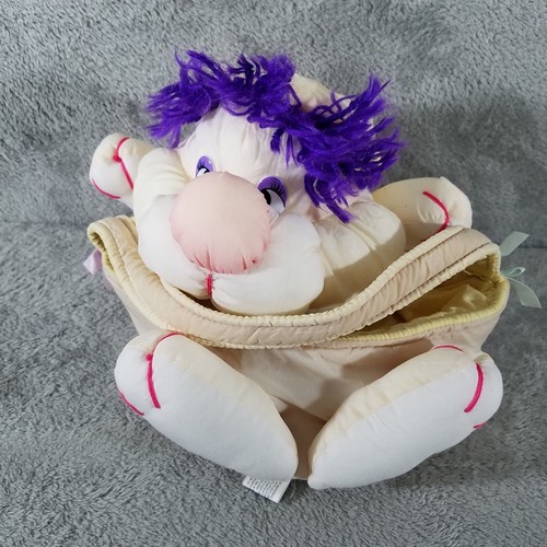 Vintage 1989 Ostern Plüschhase Kaninchen lila Haarkorb weiß beige Nylon - Bild 2 von 11