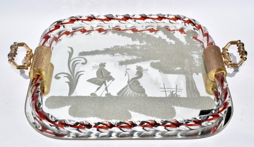 Vintage Murano Italian Etched Mirror & Glass Tray - Clear & Red Rope with Couple - Picture 4 of 12