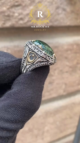 Seal of King Solomon,Green Amber Stone,Engraving,925 Sterling Silver Men's Ring - Picture 5 of 9