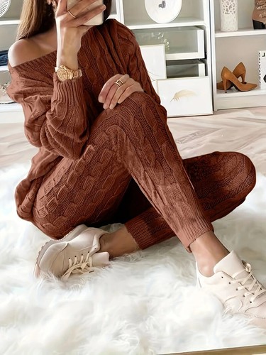 Solid Knitted Matching Two-piece Set Casual Long Sleeve Sweater & Pants Outfits - Picture 17 of 38