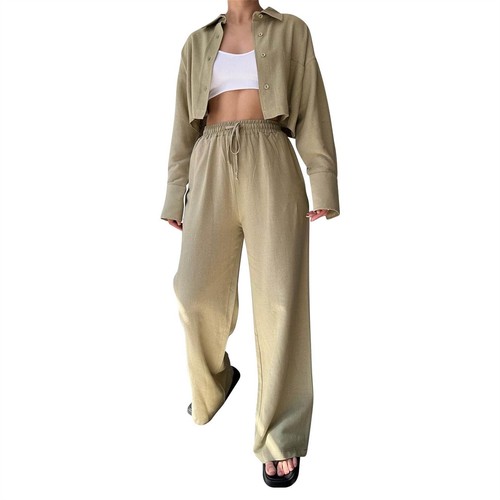 Women Outfit Set Solid Long Sleeve Short Casual Shirt Drawstring Wide Leg Pants - Picture 12 of 38