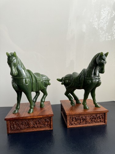 Green Nephrite Jade Type Hardstone Carved Horses Sculptures On Wooden Stands - Picture 7 of 7