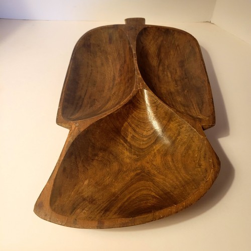 Vintage MCM Mid Century Modern Handmade Carved XL Wood Leaf Divided Tray Bowl - Picture 7 of 12