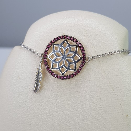 Pink Sapphire Flower Lotus Chain Bracelet Sterling Silver Feather Charm Adjust - Picture 2 of 12