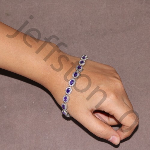 12ct Lab Created Amethyst & Diamond 14K White Gold Plated Womens Tennis Bracelet - Picture 2 of 9