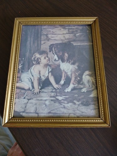 Vintage Mid Century Boy And Dog  Framed Art 11 X 9” - Picture 2 of 8