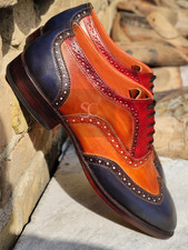 New Handmade Three Tone Leather Lace Up Oxford Wingtip Brogue Shoes