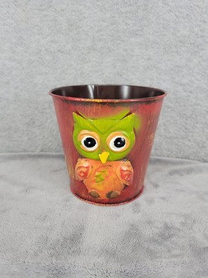 Vintage Owl Planter Metal Bucket Owl Lovers Fall Season Vibes Folk Art 5.25''