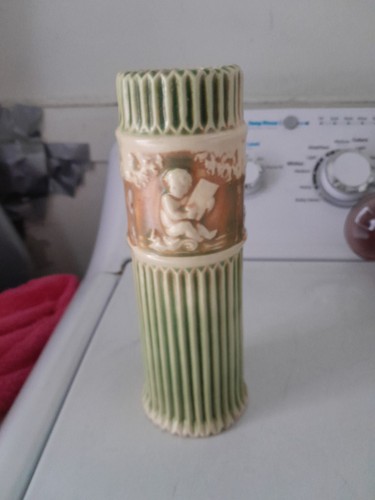 Roseville Donatello 8 1/2" Kunstkeramik Cherub Lesen Grün Keramik Vase Ist-Zustand - Bild 4 von 9