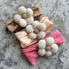 Baby Girl Headband Set of 3 Nylon Stretch 5" 0-24 Mos Multicolor Flower Pink Tan