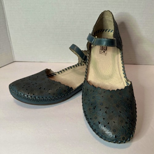 Pikolinos Mary Jane Floral Lazer Cut Puerto Vallarta Teal Leather Size 7.5