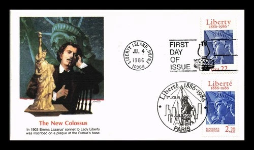 FLEETWOOD COVER FIRST DAY ISSUE DUAL POSTAGE US & FRANCE LIBERTY NEW COLOSSUS