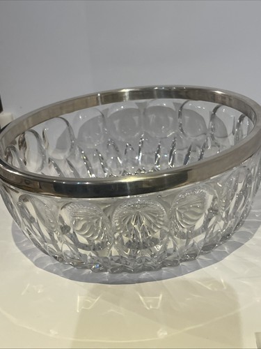 VTG West Germany Cut Crystal Bowl Sterling Silver Rim MCM Heavy Crystal MINT 8”+ - Picture 6 of 16