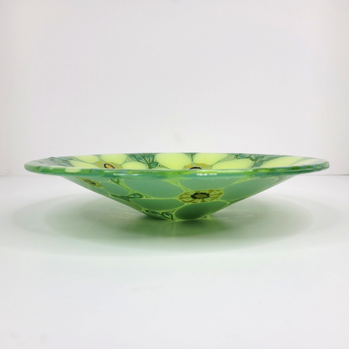 Higgins Art Glass Studio Green and Blue Bowl with Flowers Signed 9.5" MCM - Picture 2 of 8