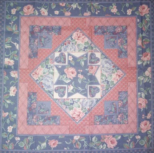 Vintage-Rosa/Blau/Grün "Blumen/Herzen" Muster Baumwollstoff Panel 15,5"x15,75"