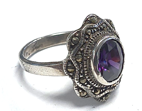 Vintage 925 Sterling Silver Art Deco Amethyst & Marcasite Gemstone Ring Size 8.5 - Picture 5 of 12