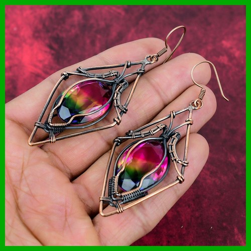 Daughters Day Sale Multi Tourmaline Stone Wire Wrapped Dangling Earrings Copper - Picture 3 of 11