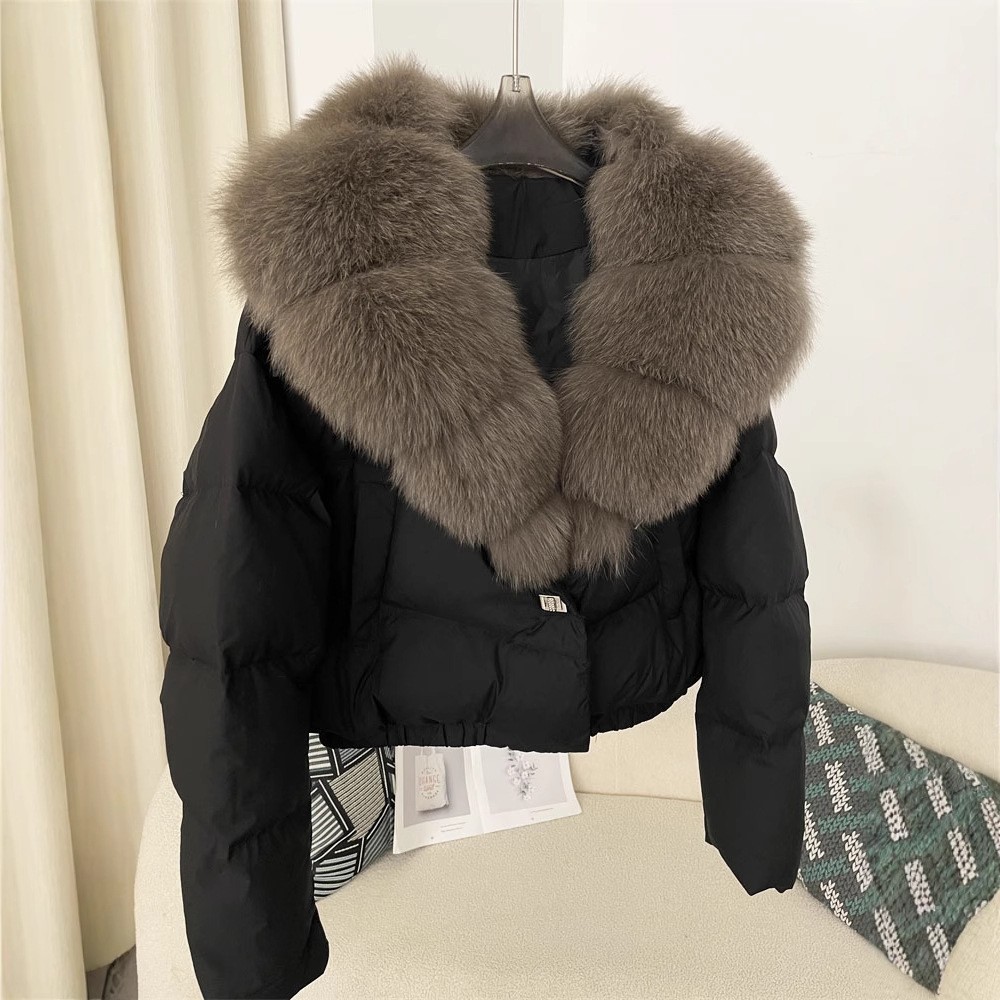 Winter Womens Short Warm Down Jacket Oversized Real Fox Fur Collar Thicken Coat