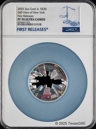 2025 Cook Islands 3oz Silver $20 - 360 View of New York NGC PF70 First Release