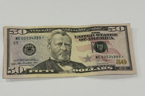 $50 dollar bill *STAR NOTE* Series 2013  Fancy Low S# ME 00534999 * - Picture 1 of 5