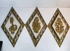 MCM Vintage Syroco Gold Diamond Wall Plaques Lock & Key No. 4271 - Set of 3