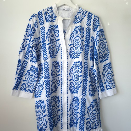 Zara Embroidered Cotton Summer Dress Midi White Blue Size XXL 2XL 16 18 - Picture 4 of 11
