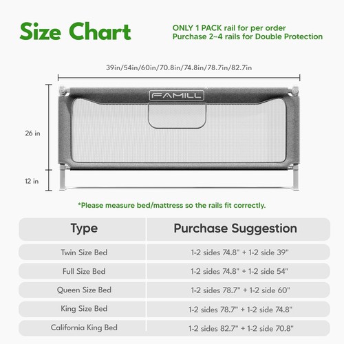Bed Rail for Toddlers, Foldable Guards for baby, Grey, 74.8" ( 1 Side! ) - Picture 4 of 7