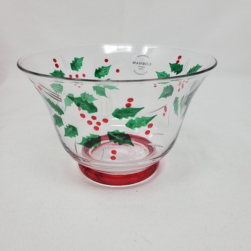 Set of 2 Gorham Crystal Handpainted Christmas Candy Dish Festive Holly New w Box - Picture 4 of 9