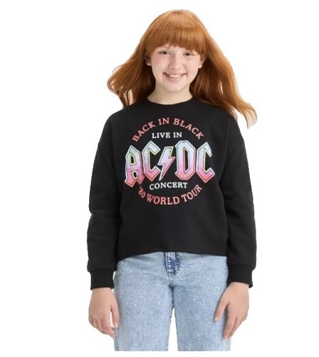 Girls AC/DC Back In Black Cozy Fleece Cropped Sweatshirt Black S 6/7 New - Picture 1 of 2