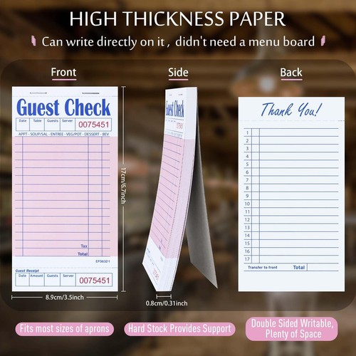 Guest Check Pads EP-3632-1 20 Pads Total 1000 Pink Waitress Notepad Server Or... - Imagen 4 de 7