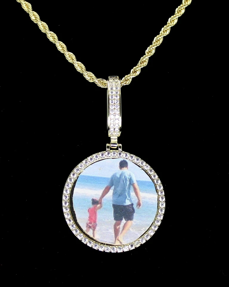 Personalized Picture Pendant Iced CZ Custom Photo 14k GoldPlated Memory Necklace - Image 3 of 3