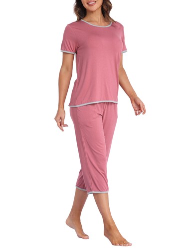 Women Capri Pajama Set 2 Piece Nightwear Bottom Pant Sleepwear Casual Home Set - Picture 74 of 95