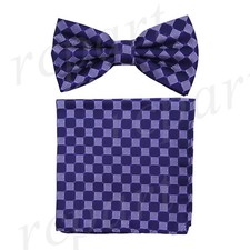 Men's microfiber Pre-tied Bow Tie  hankie set Purple plaids  checkers formal