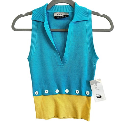 Wayne Rogers Blue Yellow Ribbed Sleeveless V Neck Cropped Top Size XS  - Picture 1 of 7