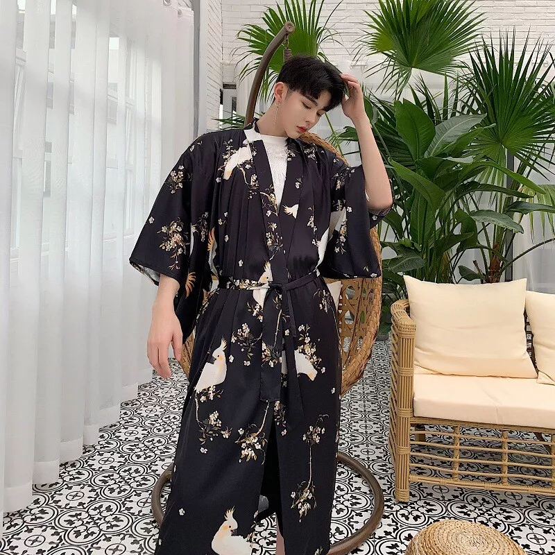 Men Kimono Coat Cardigan Long Yukata Jacket Outwear Japanese Haori